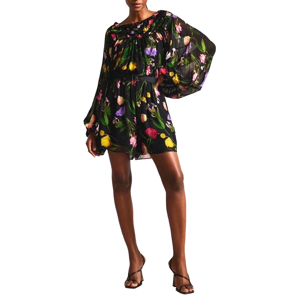 Ted Baker Ruffle Playsuit Womens Small Black Floral Brookii Blouson Romper Sheer
